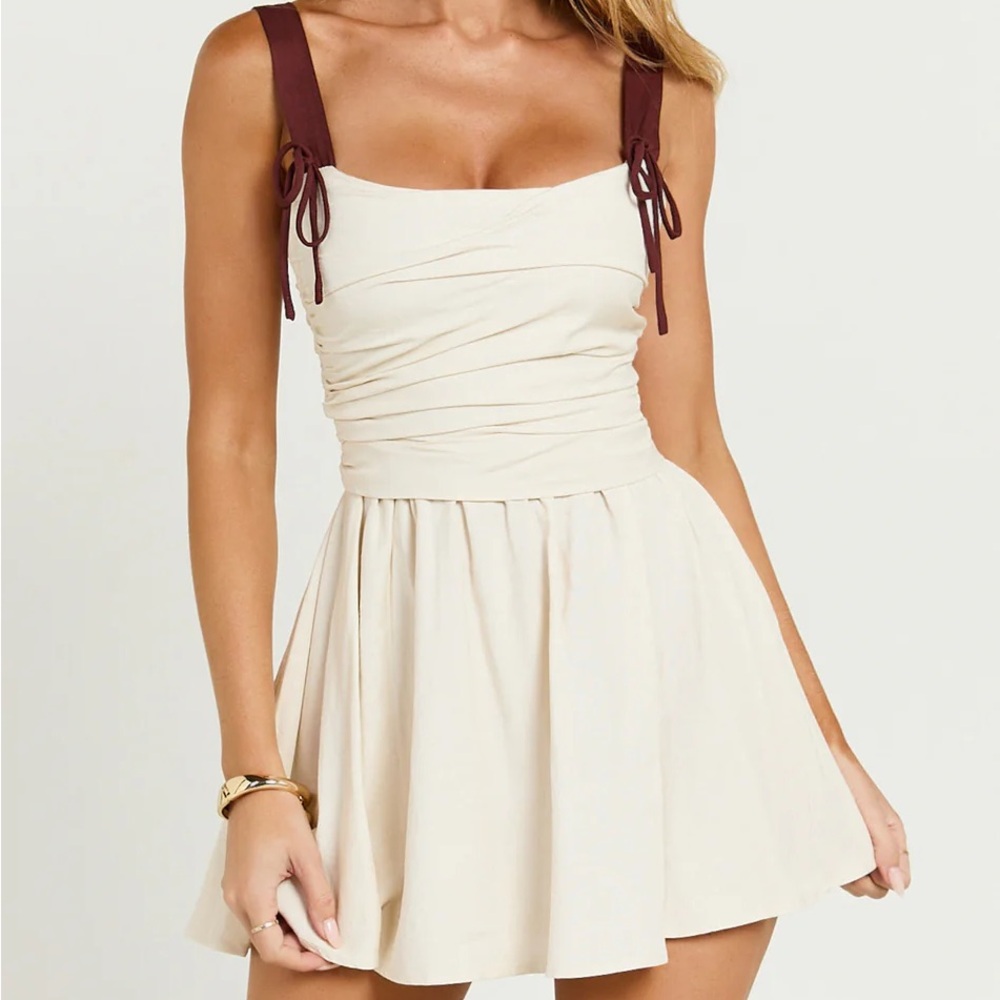 Showpo Linen Ruched Bodice Laced Corset Back Gathered Skirt Dress in Cream